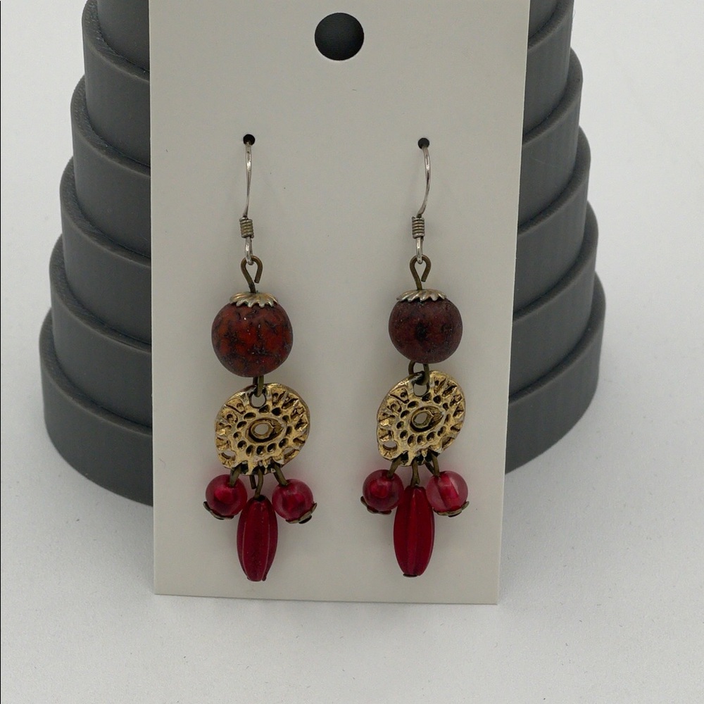4.7.26-24 Boho Beaded Eurostyle Earrings in Red, Black and Goldtone